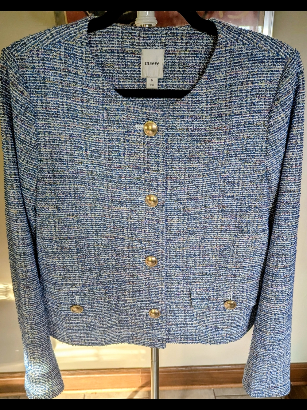 Maeve Anthropologie Blue Tweed Blazer Jacket with Gold Buttons Size M $40